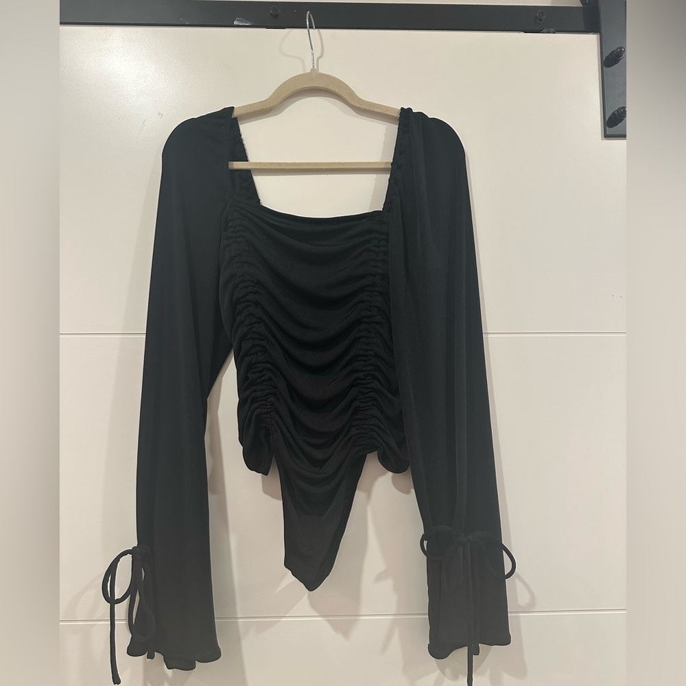 Free People Intimately Black Ruched Long-Sleeve Square Neck Bodysuit